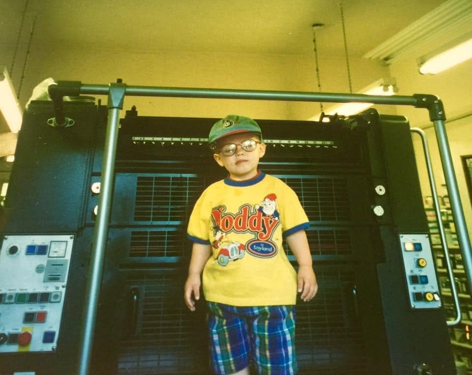 Click to open full-size image in a new tab James aged three standing with the Heidelberg SORM