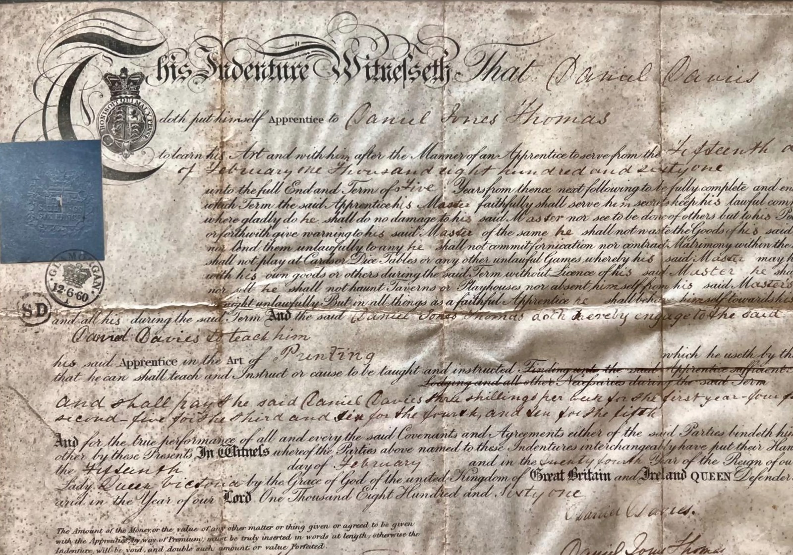 Daniel Davies' original 1861 printing apprenticeship indenture