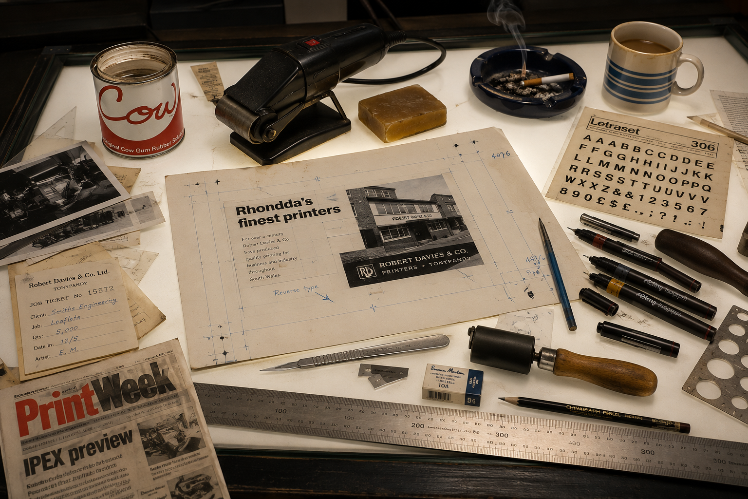 A reconstructed 1970s to 1980s artwork department bench with an illuminated A2 light box, paste-up artwork, Cow Gum, a heated wax roller, wallpaper seam roller, Letraset, Rotring pens, scalpels, rulers and a cigarette burning in an ashtray